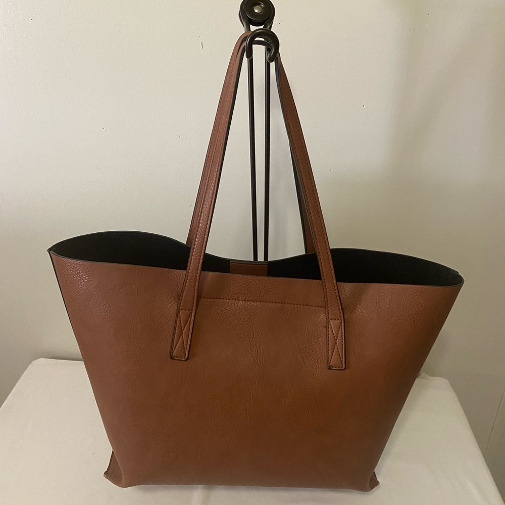 Faux Leather Brownish Colored Large Tote Handbag - Picture 2 of 11